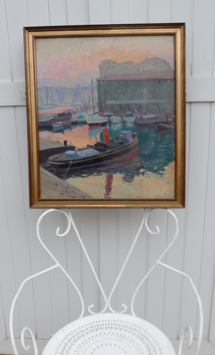 GRAND TABLEAU IMPRESSIONNISTE 1930 - MARSEILLE AVEC LES  EFFETS DU SOLEIL LEVANT-  SIGNATURE ?-photo-2