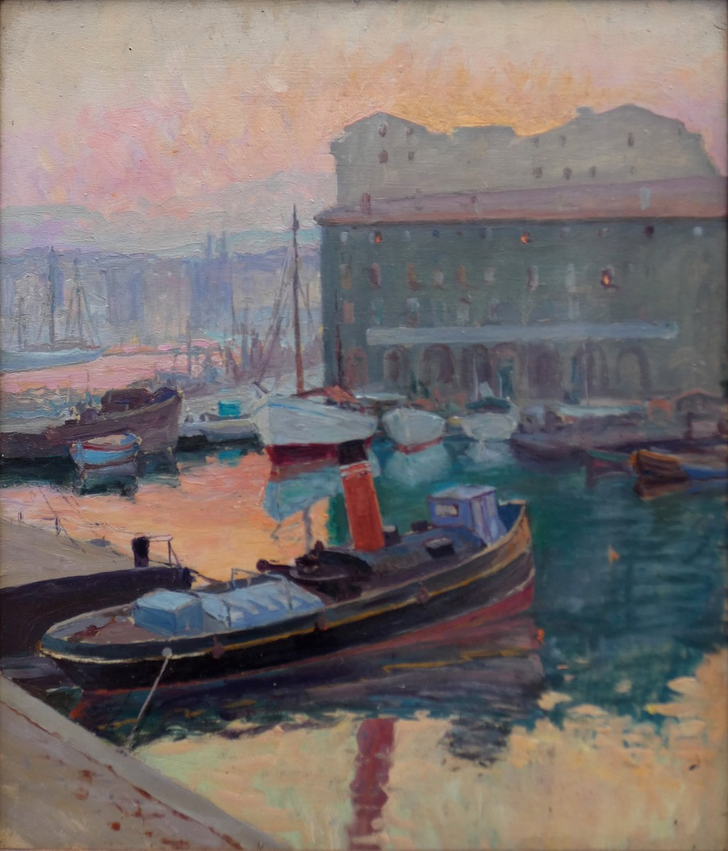 GRAND TABLEAU IMPRESSIONNISTE 1930 - MARSEILLE AVEC LES  EFFETS DU SOLEIL LEVANT-  SIGNATURE ?-photo-4