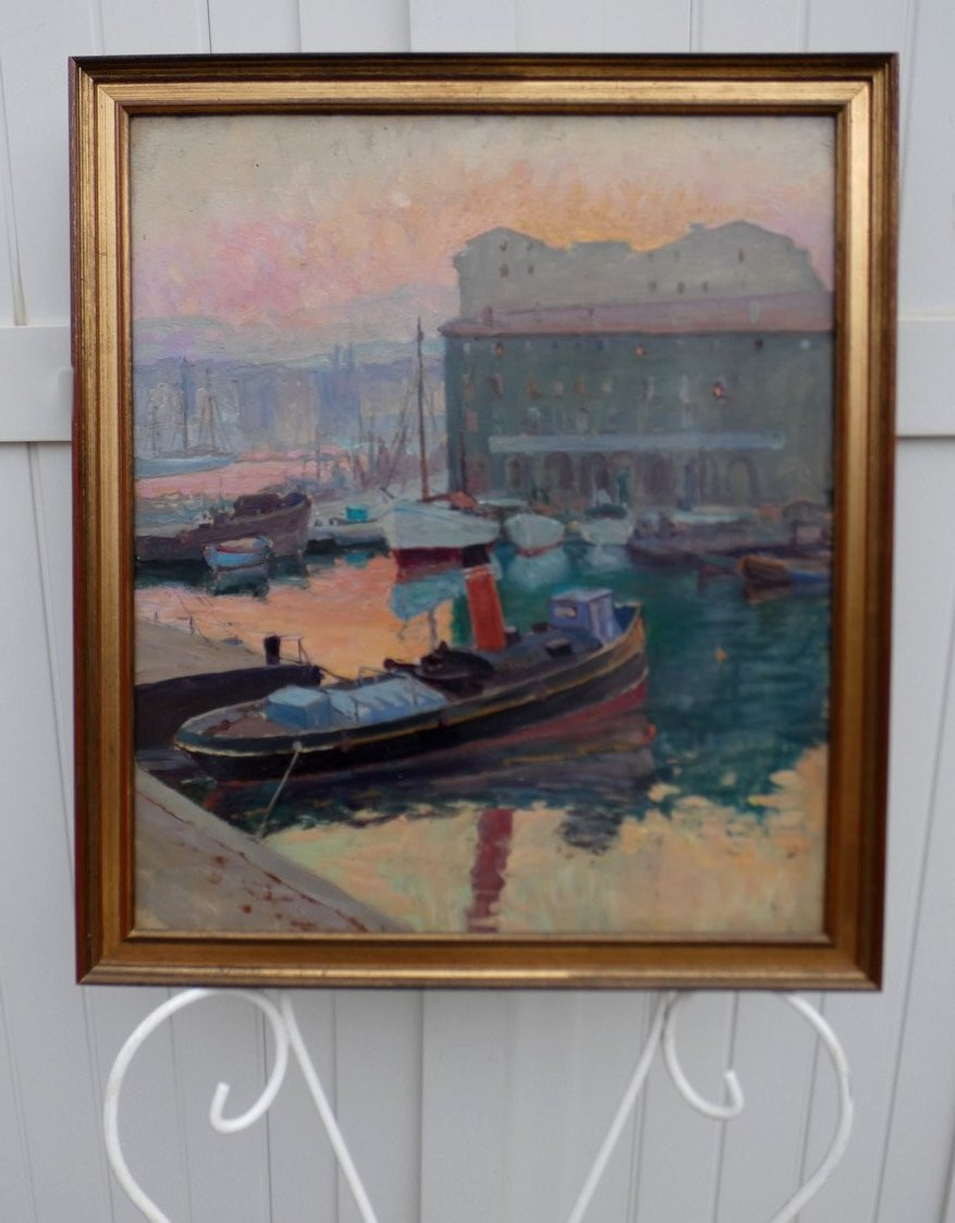 GRAND TABLEAU IMPRESSIONNISTE 1930 - MARSEILLE AVEC LES  EFFETS DU SOLEIL LEVANT-  SIGNATURE ?-photo-1