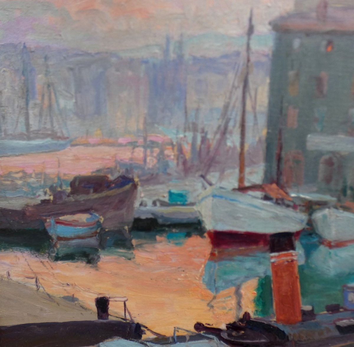 GRAND TABLEAU IMPRESSIONNISTE 1930 - MARSEILLE AVEC LES  EFFETS DU SOLEIL LEVANT-  SIGNATURE ?-photo-2