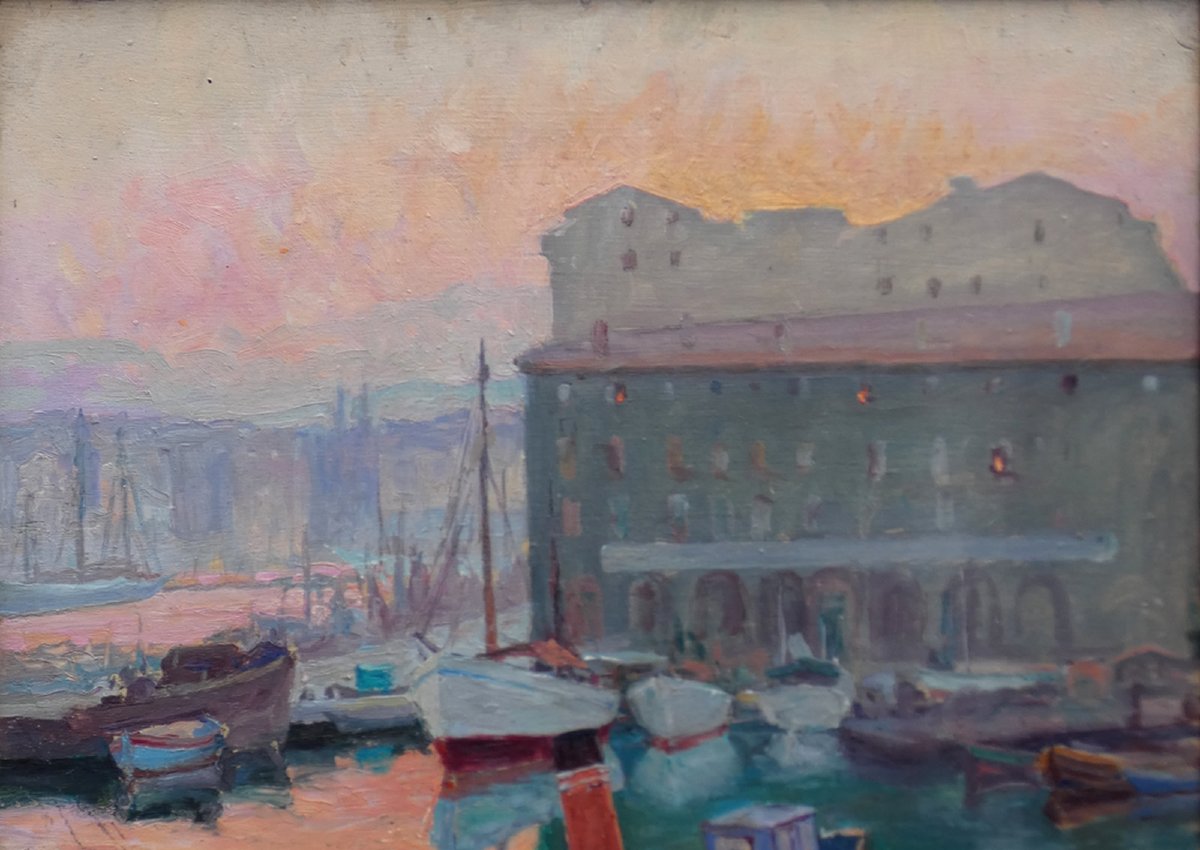 GRAND TABLEAU IMPRESSIONNISTE 1930 - MARSEILLE AVEC LES  EFFETS DU SOLEIL LEVANT-  SIGNATURE ?-photo-3