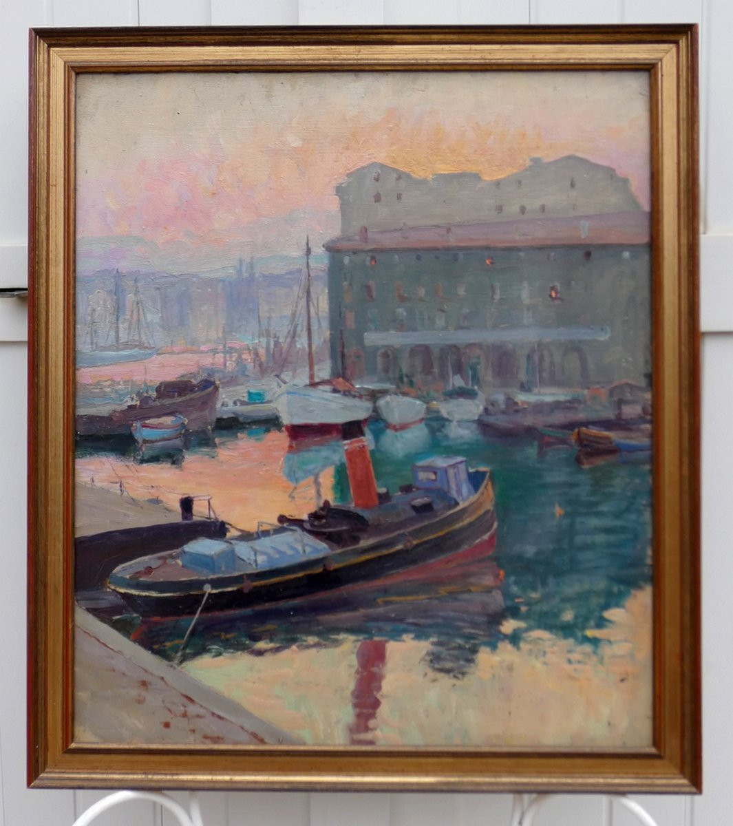 GRAND TABLEAU IMPRESSIONNISTE 1930 - MARSEILLE AVEC LES  EFFETS DU SOLEIL LEVANT-  SIGNATURE ?-photo-6