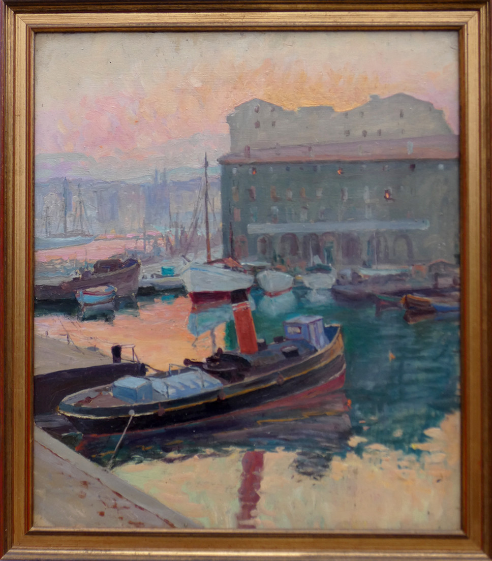 GRAND TABLEAU IMPRESSIONNISTE 1930 - MARSEILLE AVEC LES  EFFETS DU SOLEIL LEVANT-  SIGNATURE ?