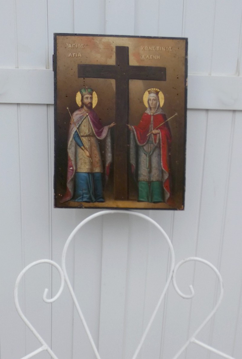GRANDE ICÔNE ORTHOXE GRECQUE XIXe - PEINTURE BYZANTINE -SAINTE HÉLÈNE & SAINT CONSTANTIN-photo-3