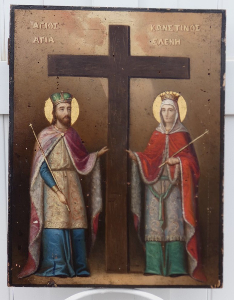 GRANDE ICÔNE ORTHOXE GRECQUE XIXe - PEINTURE BYZANTINE -SAINTE HÉLÈNE & SAINT CONSTANTIN-photo-4