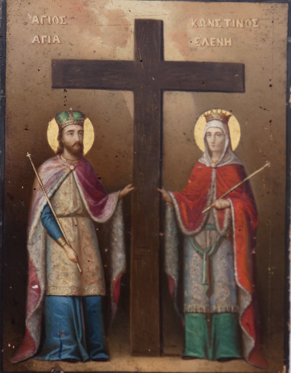 GRANDE ICÔNE ORTHOXE GRECQUE XIXe - PEINTURE BYZANTINE -SAINTE HÉLÈNE & SAINT CONSTANTIN-photo-1