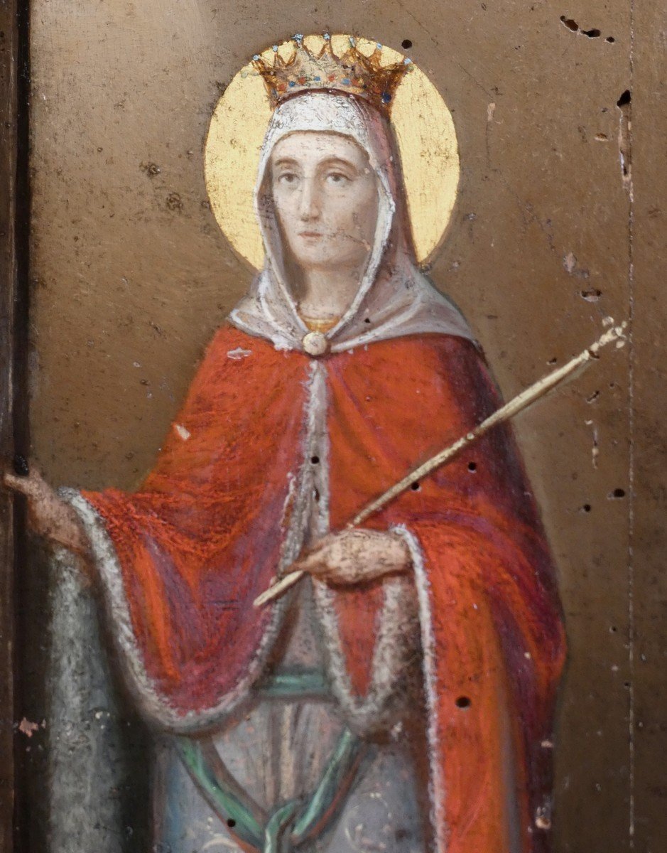 GRANDE ICÔNE ORTHOXE GRECQUE XIXe - PEINTURE BYZANTINE -SAINTE HÉLÈNE & SAINT CONSTANTIN-photo-2