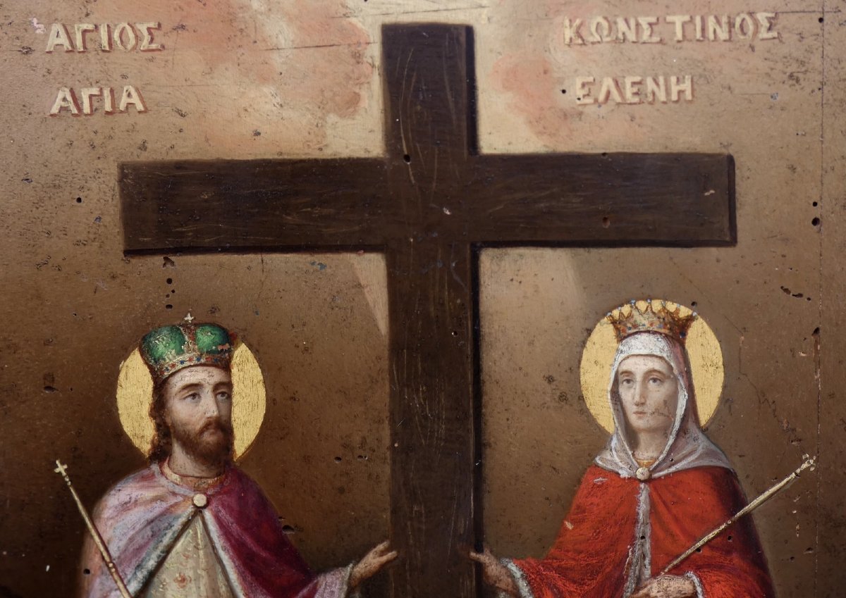 GRANDE ICÔNE ORTHOXE GRECQUE XIXe - PEINTURE BYZANTINE -SAINTE HÉLÈNE & SAINT CONSTANTIN-photo-4