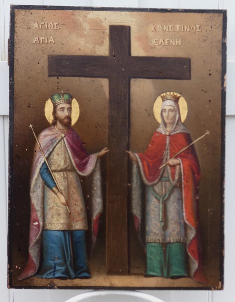 GRANDE ICÔNE ORTHOXE GRECQUE XIXe - PEINTURE BYZANTINE -SAINTE HÉLÈNE & SAINT CONSTANTIN-photo-5