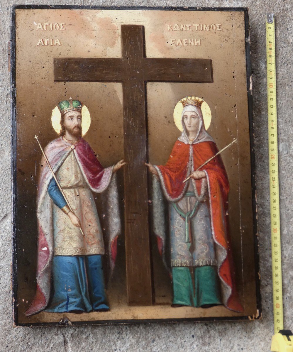 GRANDE ICÔNE ORTHOXE GRECQUE XIXe - PEINTURE BYZANTINE -SAINTE HÉLÈNE & SAINT CONSTANTIN-photo-6