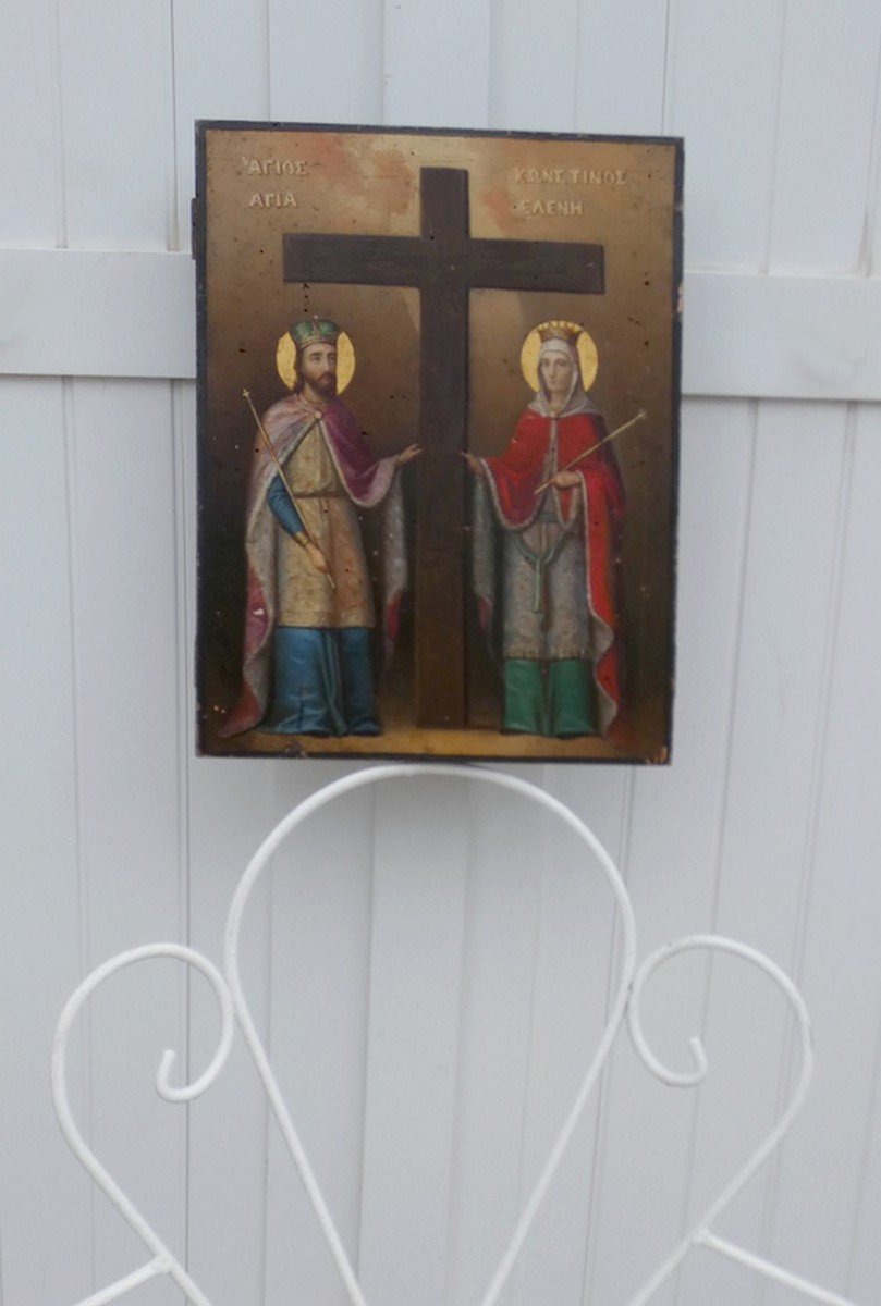 GRANDE ICÔNE ORTHOXE GRECQUE XIXe - PEINTURE BYZANTINE -SAINTE HÉLÈNE & SAINT CONSTANTIN-photo-7