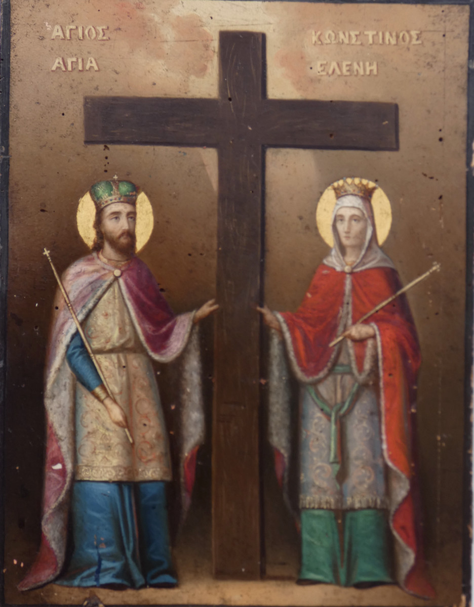 GRANDE ICÔNE ORTHOXE GRECQUE XIXe - PEINTURE BYZANTINE -SAINTE HÉLÈNE & SAINT CONSTANTIN