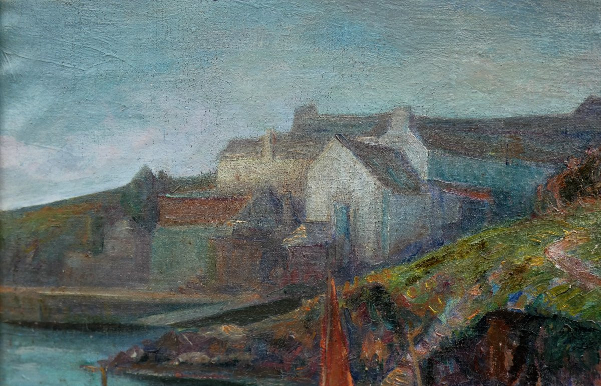 GRAND TOILE IMPRESSIONNISTE XIXe - VUE DU PETIT PORT DE DOÊLAN À CLOHARS-CARNOËT - PONT-AVEN-photo-2