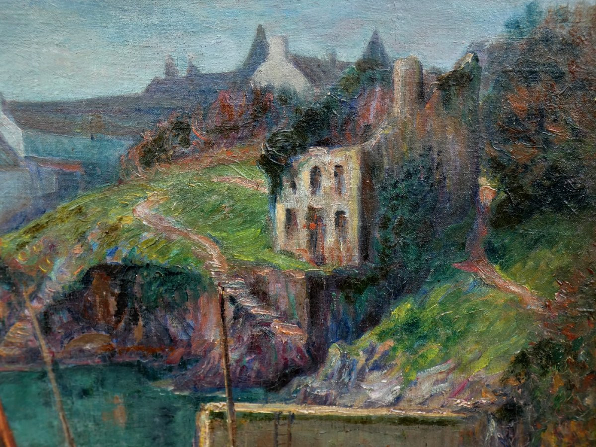 GRAND TOILE IMPRESSIONNISTE XIXe - VUE DU PETIT PORT DE DOÊLAN À CLOHARS-CARNOËT - PONT-AVEN-photo-3