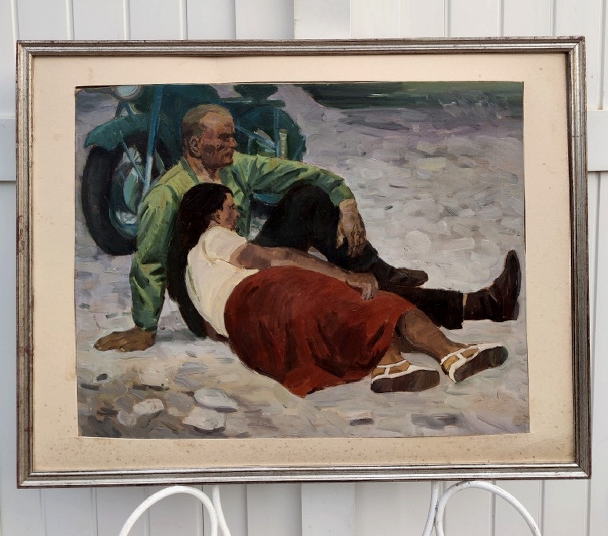 GRAND TABLEAU VERS 1960  - LE COUPLE À LA MOTO -  UN ARTISTE D’ÉCOLE DES BEAUX-ARTS D'UKRAINE-photo-2