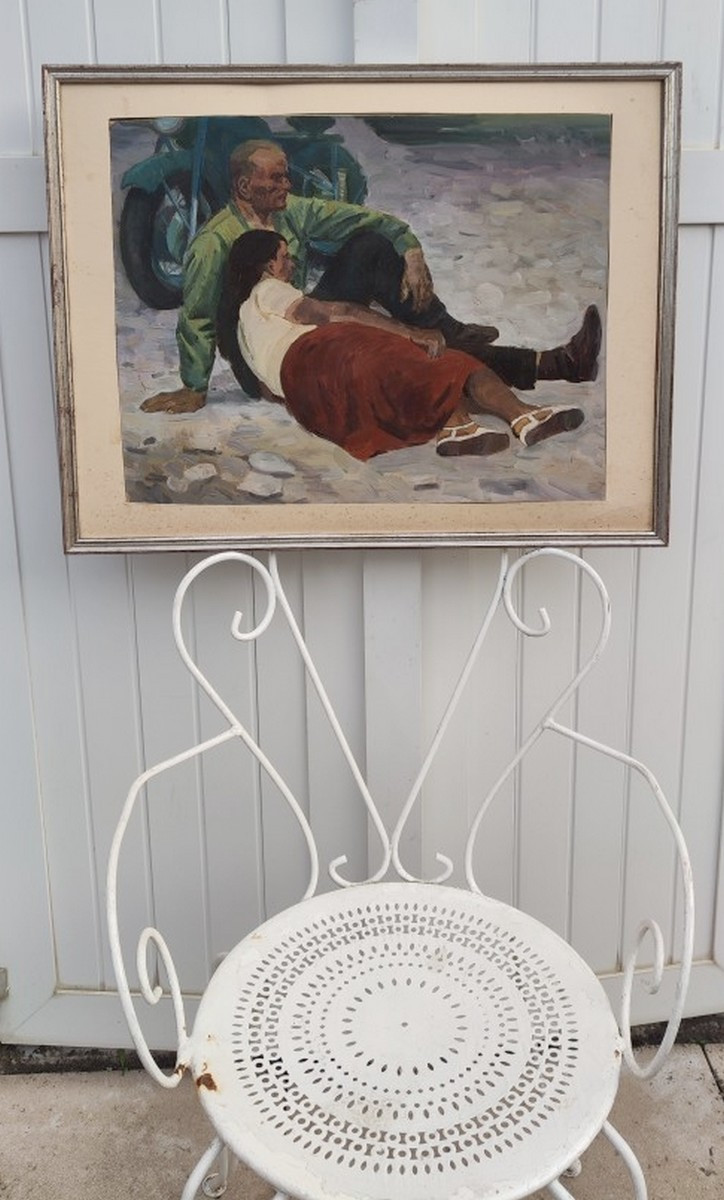 GRAND TABLEAU VERS 1960  - LE COUPLE À LA MOTO -  UN ARTISTE D’ÉCOLE DES BEAUX-ARTS D'UKRAINE-photo-3