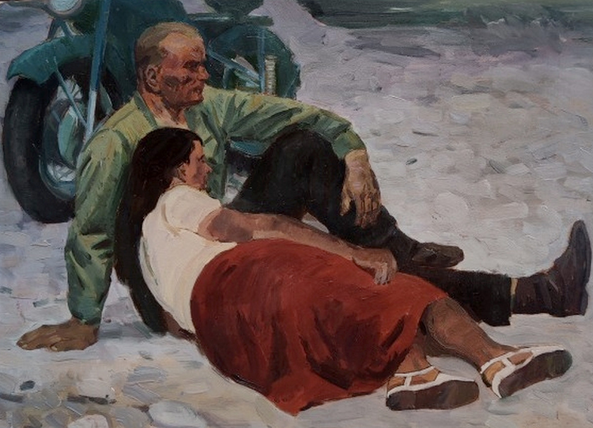 GRAND TABLEAU VERS 1960  - LE COUPLE À LA MOTO -  UN ARTISTE D’ÉCOLE DES BEAUX-ARTS D'UKRAINE-photo-4