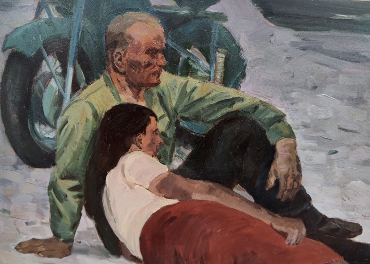 GRAND TABLEAU VERS 1960  - LE COUPLE À LA MOTO -  UN ARTISTE D’ÉCOLE DES BEAUX-ARTS D'UKRAINE-photo-1