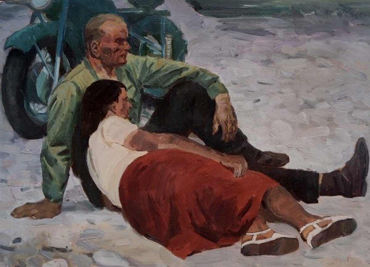 GRAND TABLEAU VERS 1960  - LE COUPLE À LA MOTO -  UN ARTISTE D’ÉCOLE DES BEAUX-ARTS D'UKRAINE-photo-2