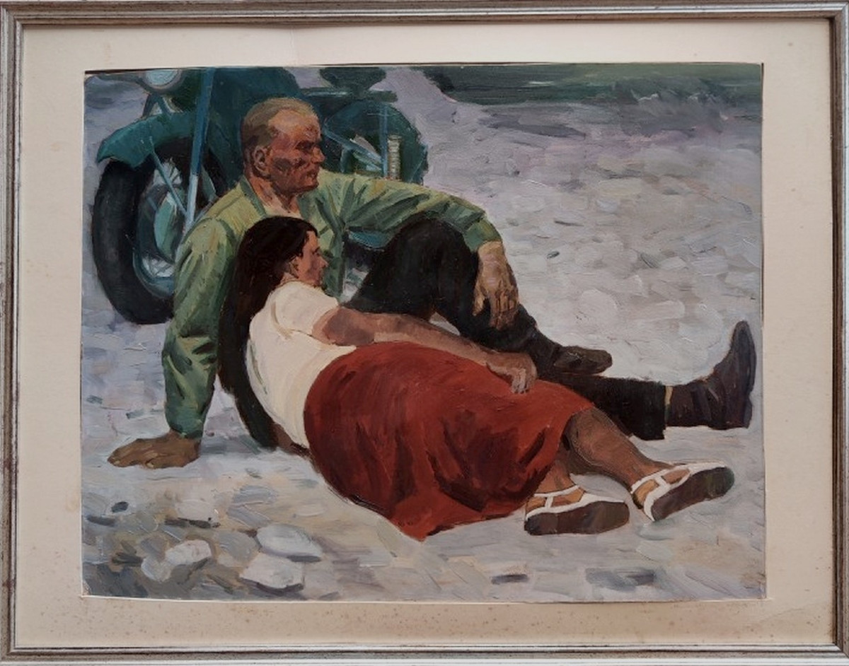 GRAND TABLEAU VERS 1960  - LE COUPLE À LA MOTO -  UN ARTISTE D’ÉCOLE DES BEAUX-ARTS D'UKRAINE