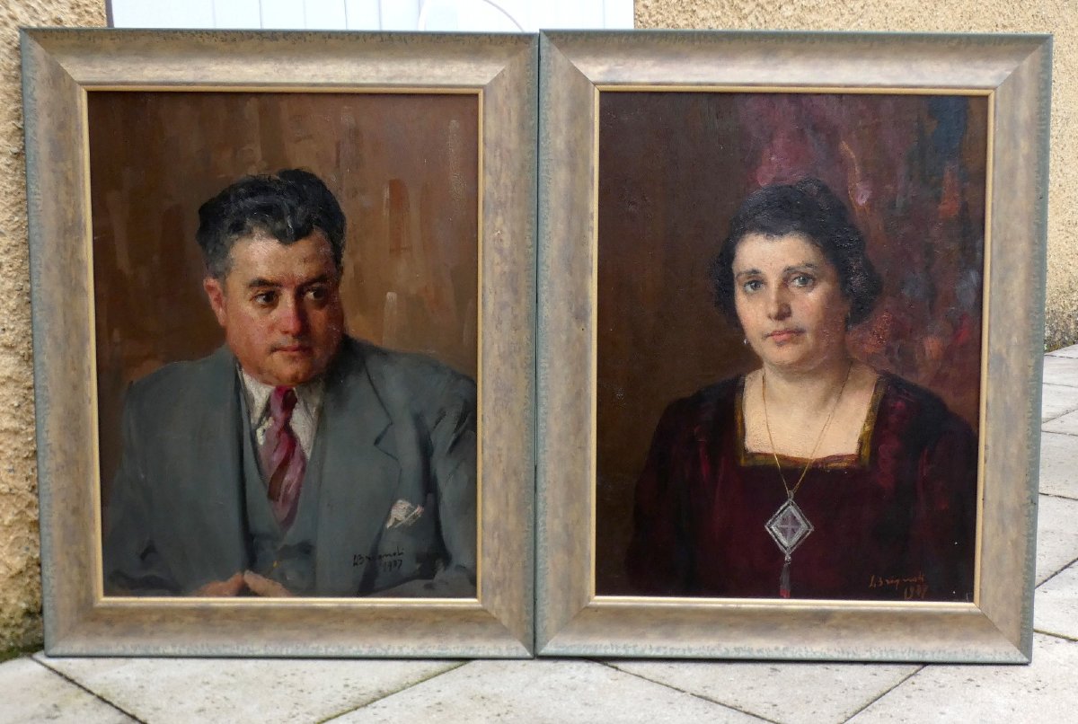 Luigi Brignoli 1881-1952...two Large Portraits Of A Bourgeois Couple In 1937-photo-4