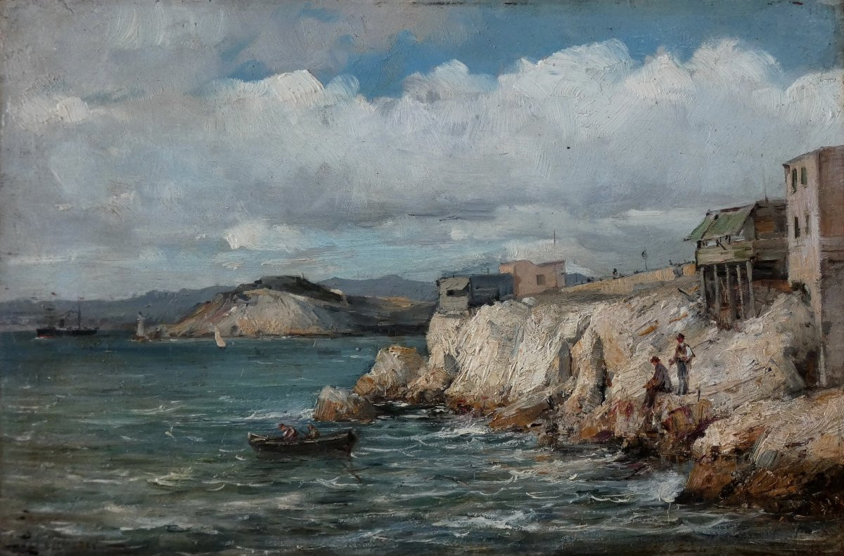 JUSTIN JULES CLAVERIE 1858-1931...PAYSAGE IMPRESSIONNISTE..MARSEILLE, VUE DE LA CORNICHE ANIMÉE-photo-5