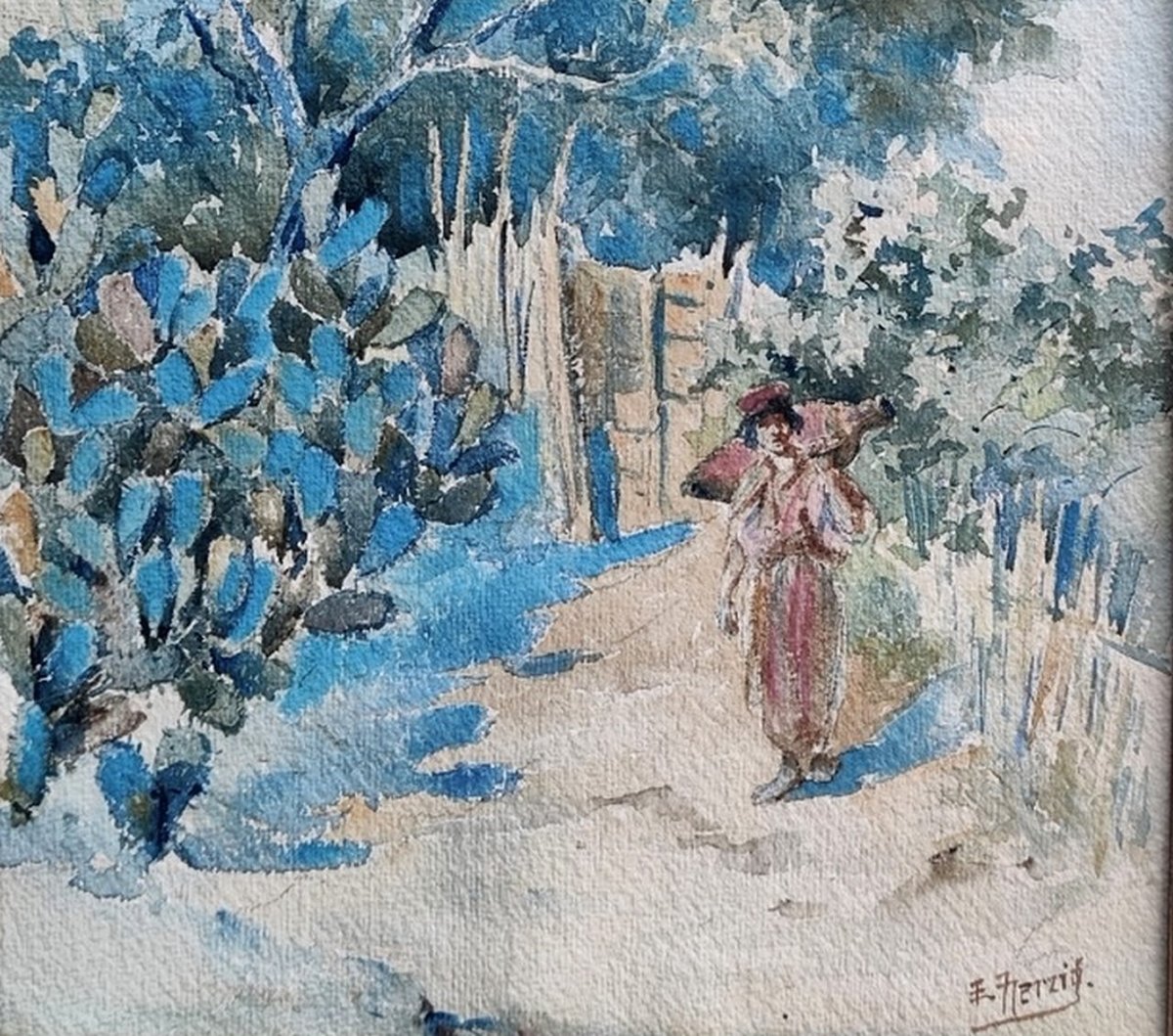 ÉDOUARD HERZIG 1860-1926...GRANDE AQUARELLE...ALGÉRIE & KABYLIE DES PEINTRES..LA PORTEUSE D'EAU-photo-1
