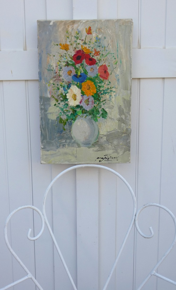 Costanzo W. Figlinesi 1912-1991...still Life With Bouquet Of Field Flowers-photo-2