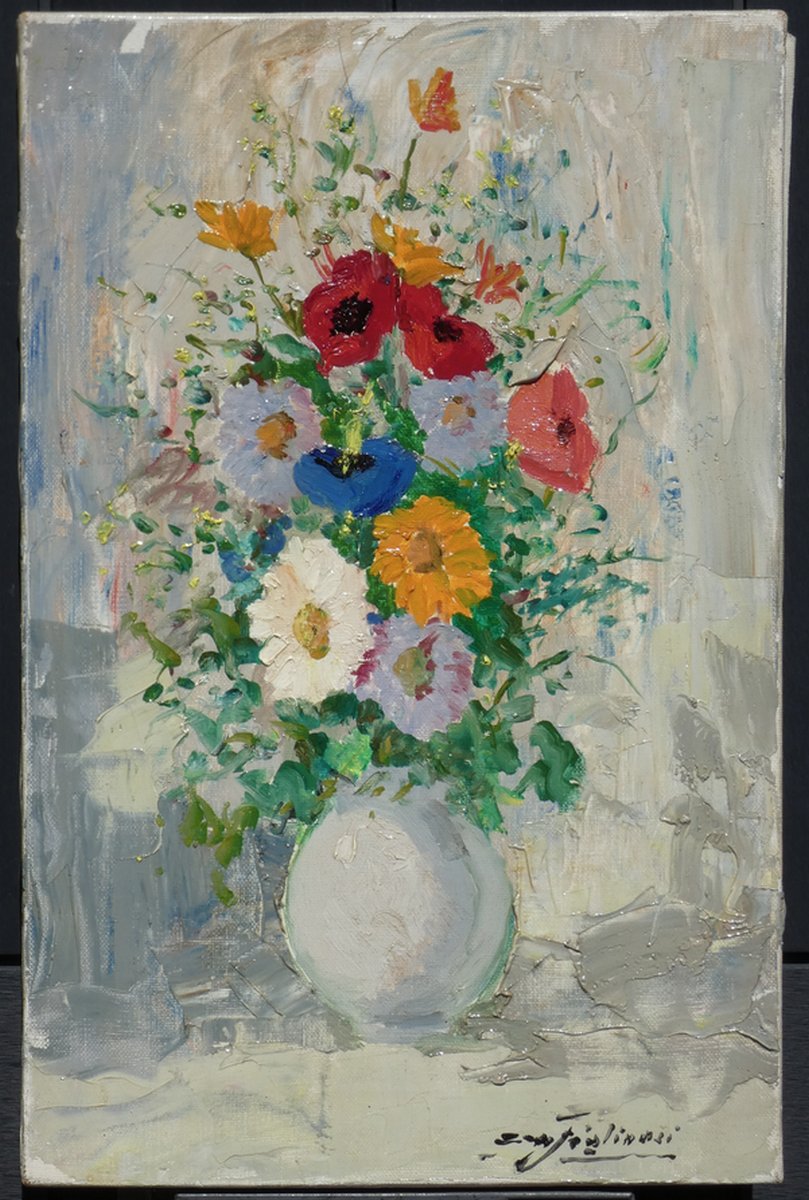 Costanzo W. Figlinesi 1912-1991...still Life With Bouquet Of Field Flowers-photo-2