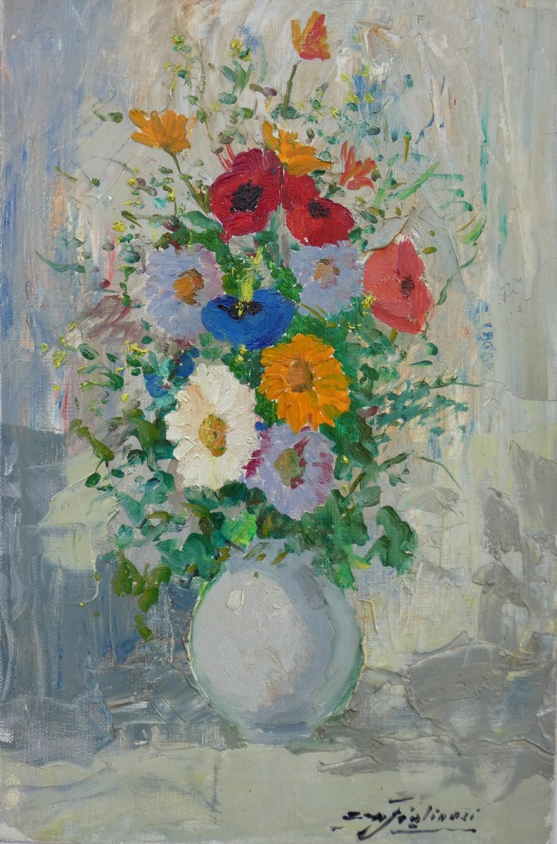 Costanzo W. Figlinesi 1912-1991...still Life With Bouquet Of Field Flowers-photo-3
