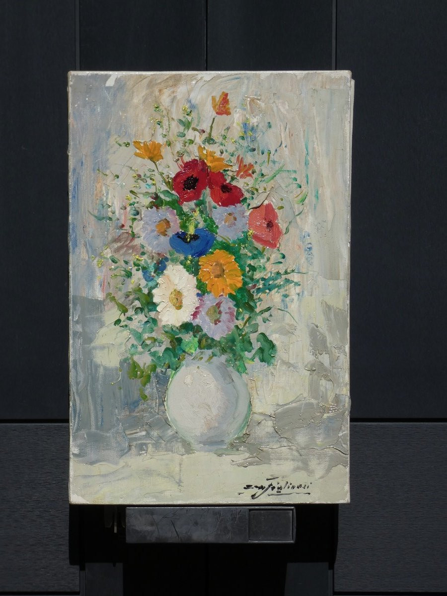 Costanzo W. Figlinesi 1912-1991...still Life With Bouquet Of Field Flowers-photo-4