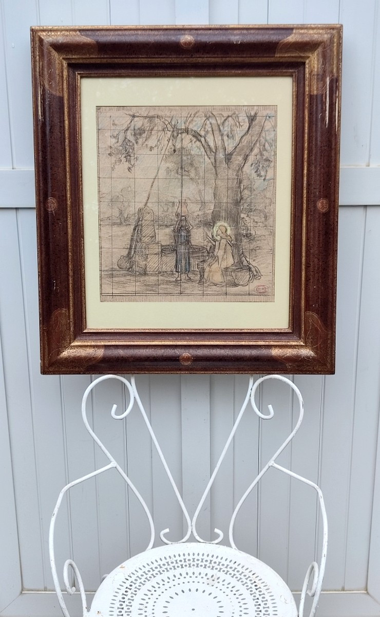 Frédéric Montenard 1847-1926...large Charcoal...a Church Study For Jesus With The Samaritan Woman-photo-2