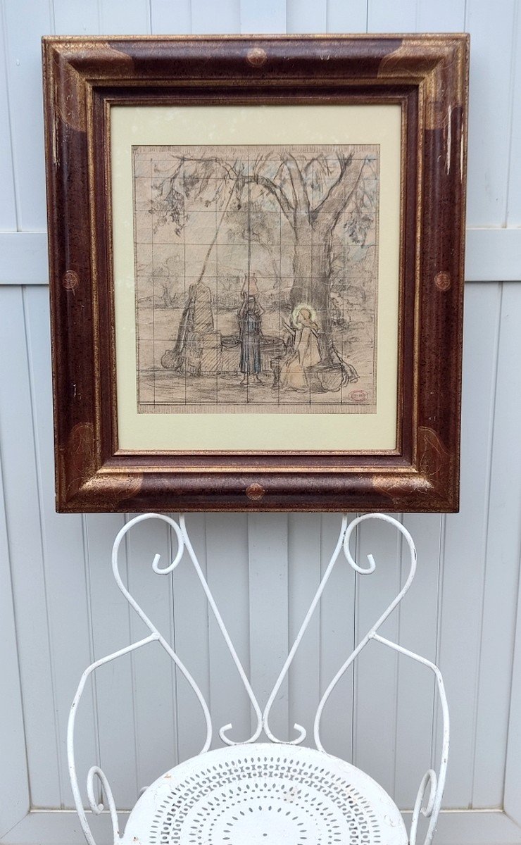 Frédéric Montenard 1847-1926...large Charcoal...a Church Study For Jesus With The Samaritan Woman-photo-7