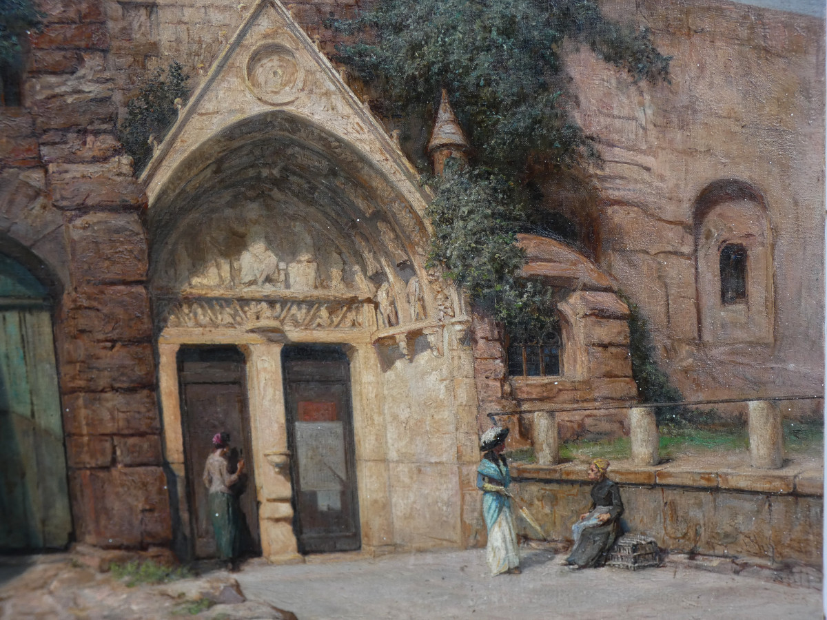 Large 19th Century Impressionist Panel...animated Scene In Front Of The Monolith Church Of Saint-émilion-photo-3
