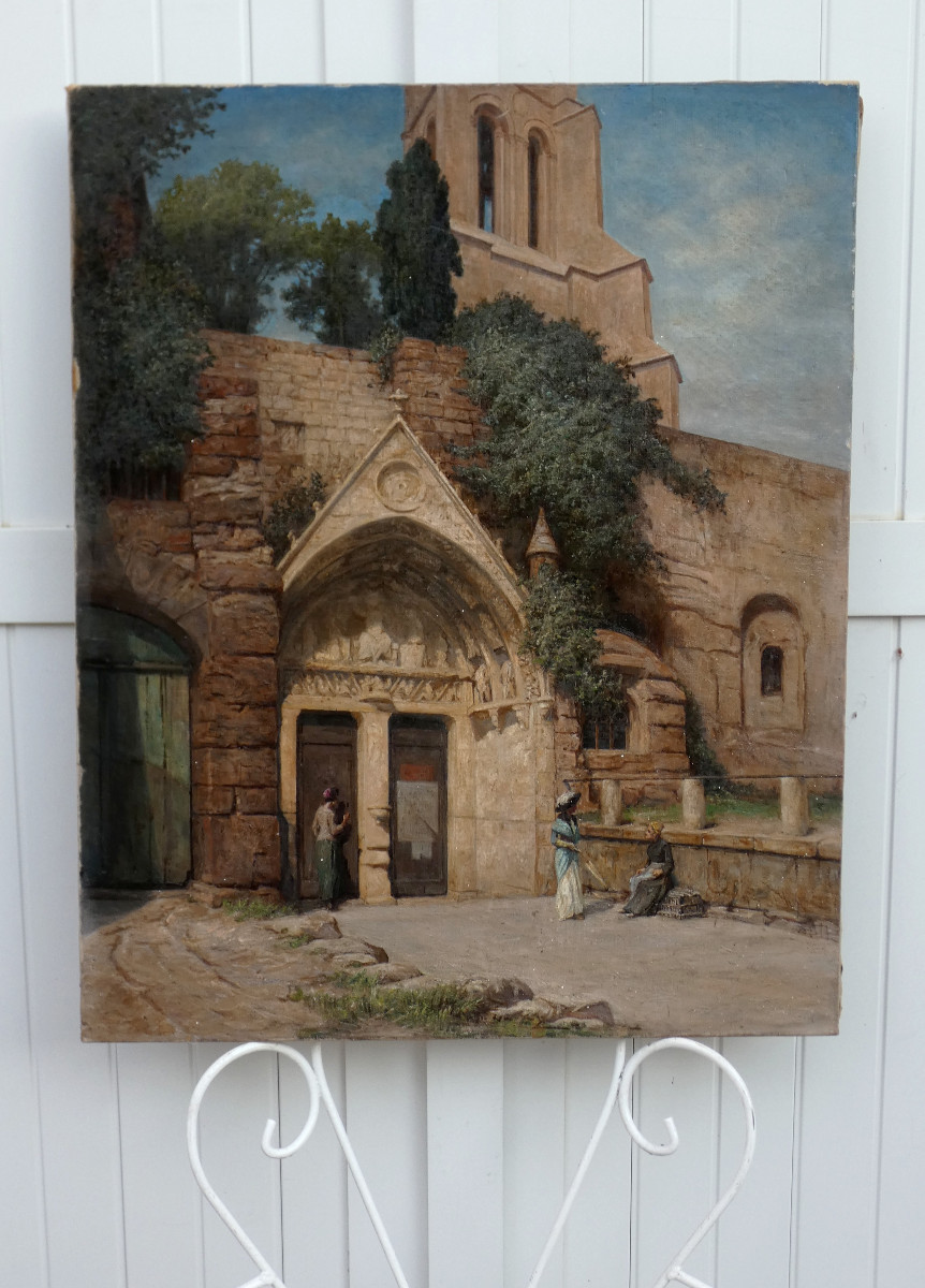 Large 19th Century Impressionist Panel...animated Scene In Front Of The Monolith Church Of Saint-émilion-photo-1