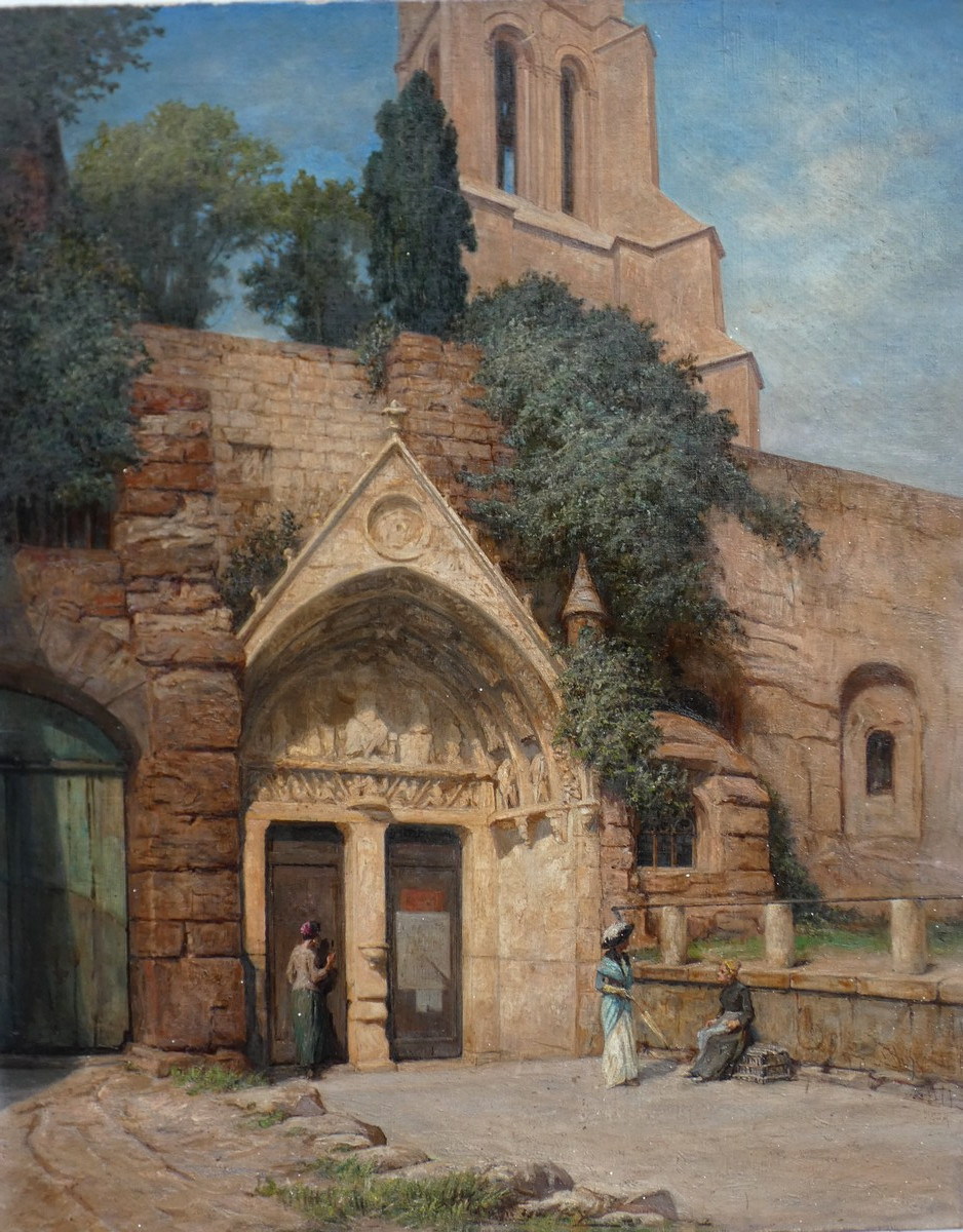 Large 19th Century Impressionist Panel...animated Scene In Front Of The Monolith Church Of Saint-émilion-photo-3