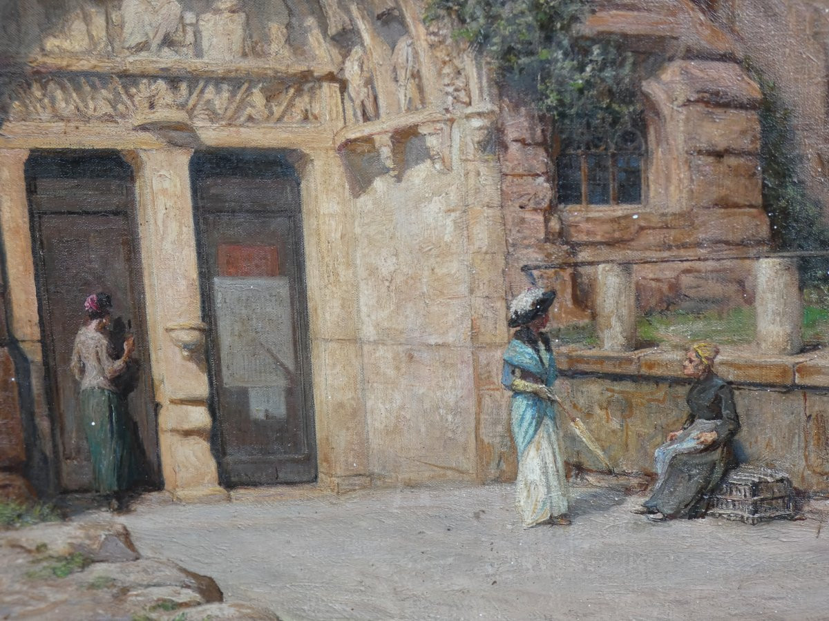 Large 19th Century Impressionist Panel...animated Scene In Front Of The Monolith Church Of Saint-émilion-photo-4