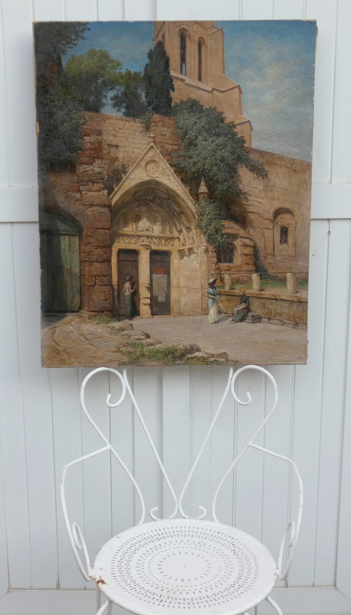 Large 19th Century Impressionist Panel...animated Scene In Front Of The Monolith Church Of Saint-émilion-photo-6