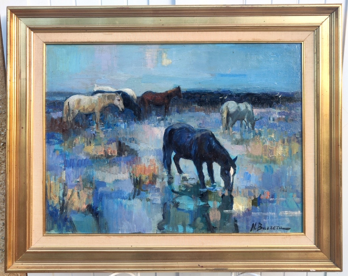 Nicolai Barrera 1919 2006...large Camargue Landscape With Wild Horses & Bulls-photo-4