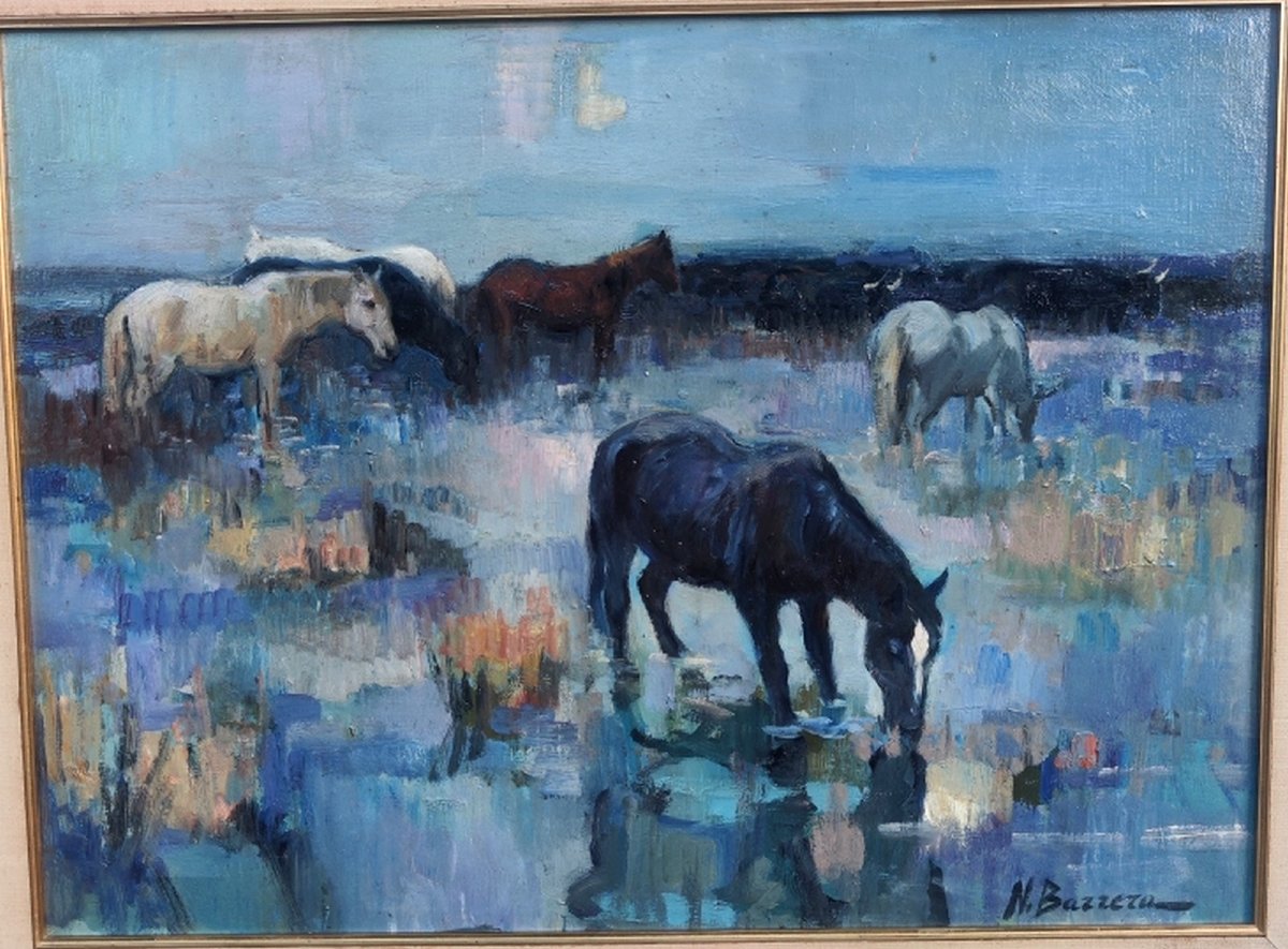 Nicolai Barrera 1919 2006...large Camargue Landscape With Wild Horses & Bulls-photo-1