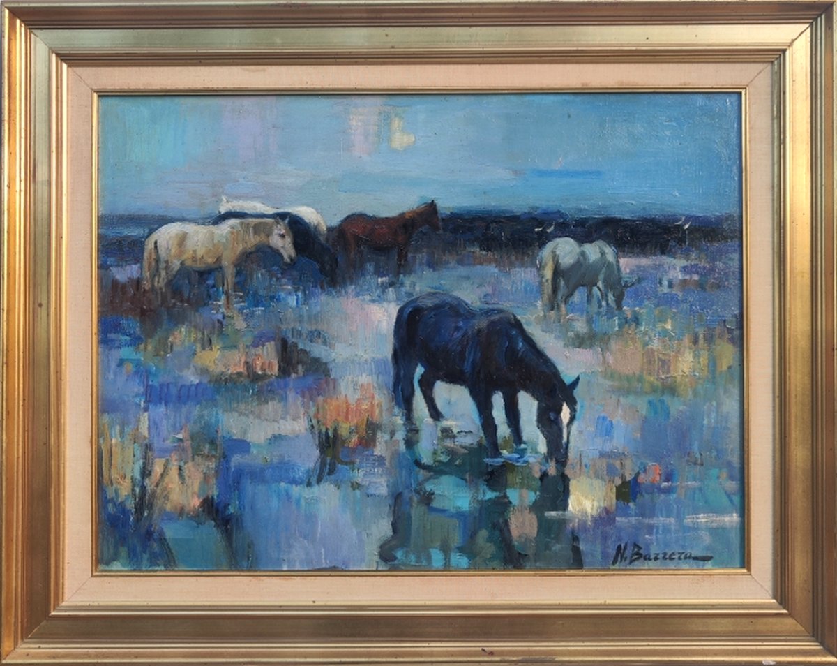 Nicolai Barrera 1919 2006...large Camargue Landscape With Wild Horses & Bulls-photo-5