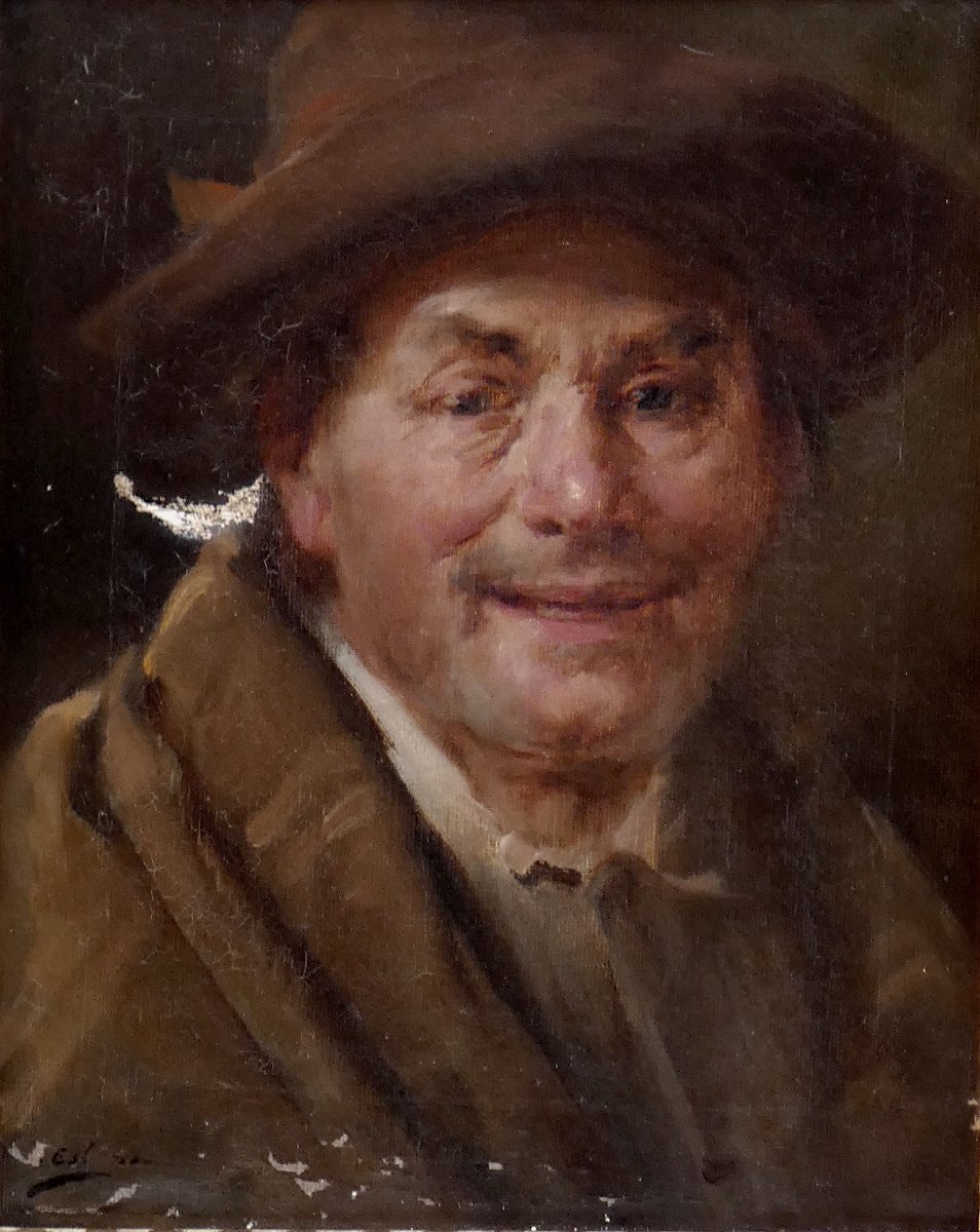 Henry d'Estienne 1872- 1949 ? To Be Restored...portrait Of A Smiling Man Wearing A Hat-photo-1