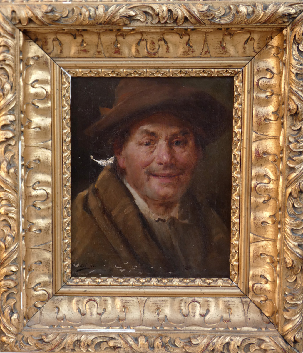 Henry d'Estienne 1872- 1949 ? To Be Restored...portrait Of A Smiling Man Wearing A Hat