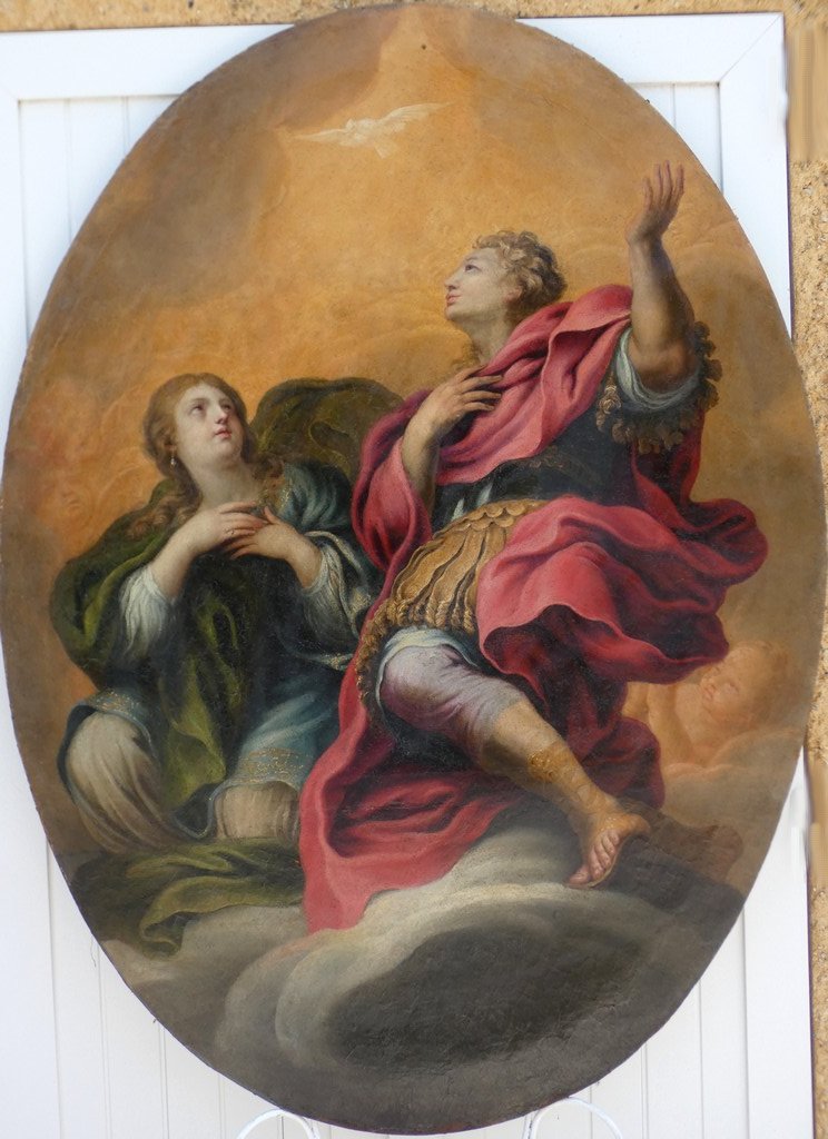 TRÈS GRANDE TOILE XVIIe - SCÈNE D'ALLÉGORIE AVEC L'ESPRIT SAINT - ÉCOLE ITALIENNE ou FRANÇAISE