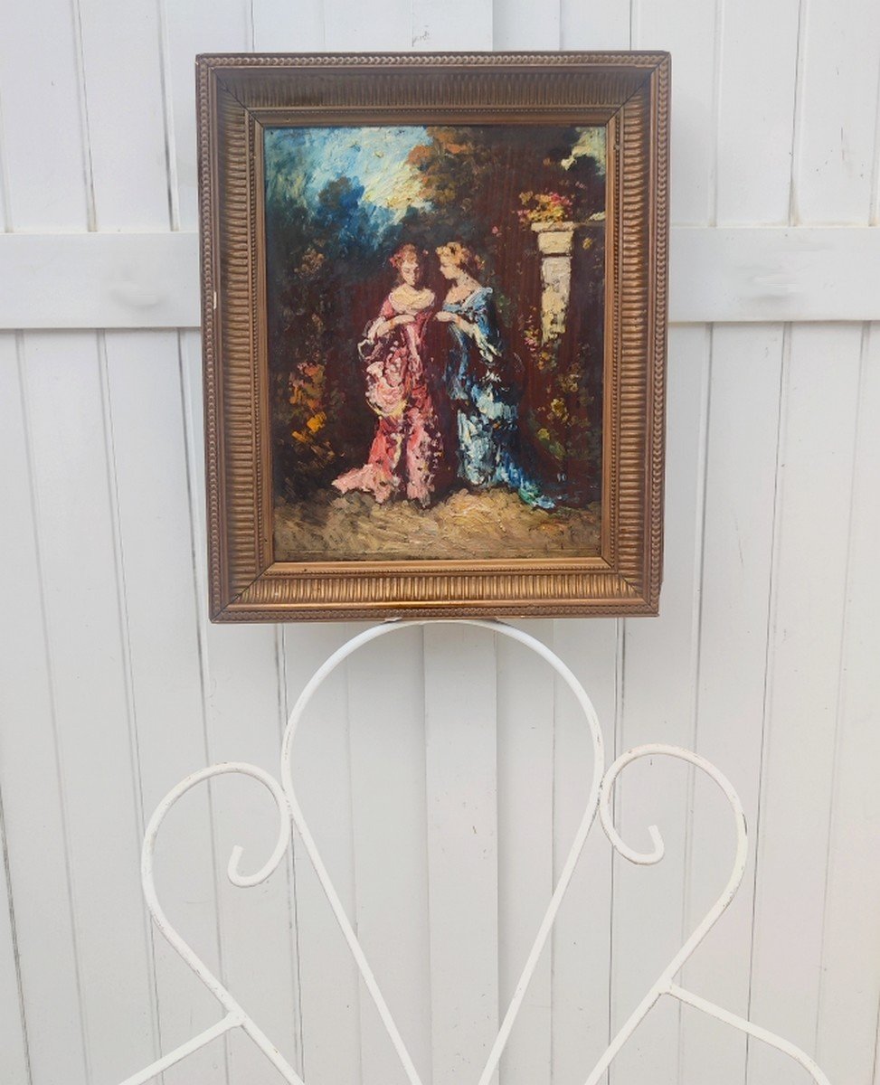 19th-century Impressionist Paintings - Near Monticelli - Scene In A Park With Two Elegant Women-photo-2
