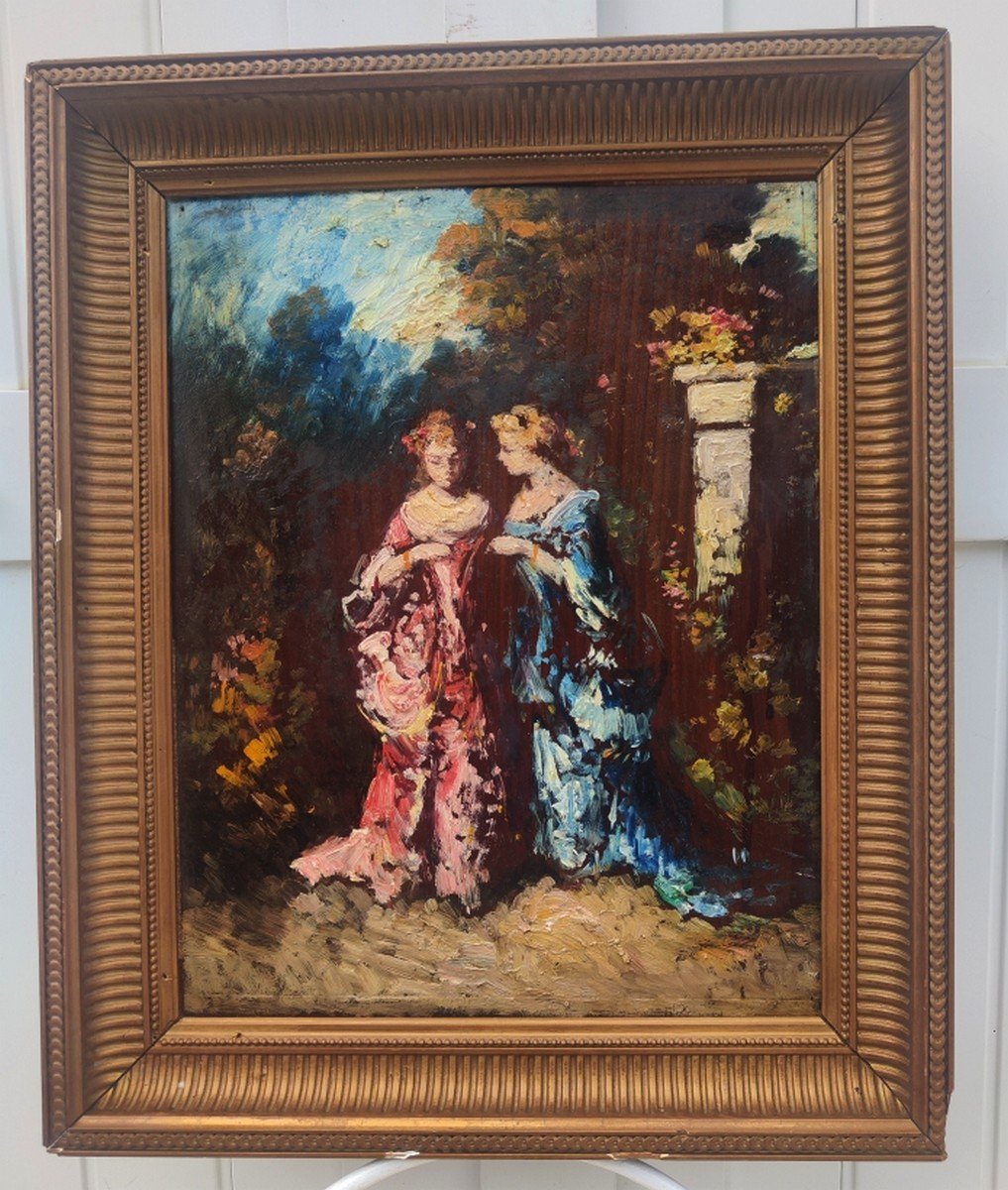 19th-century Impressionist Paintings - Near Monticelli - Scene In A Park With Two Elegant Women-photo-3