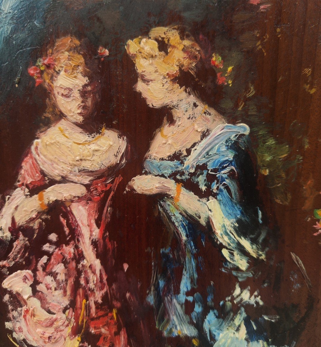 19th-century Impressionist Paintings - Near Monticelli - Scene In A Park With Two Elegant Women-photo-2