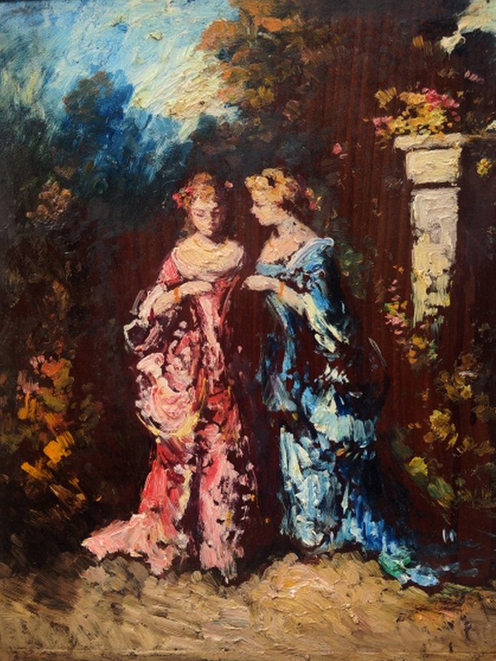 19th-century Impressionist Paintings - Near Monticelli - Scene In A Park With Two Elegant Women-photo-5