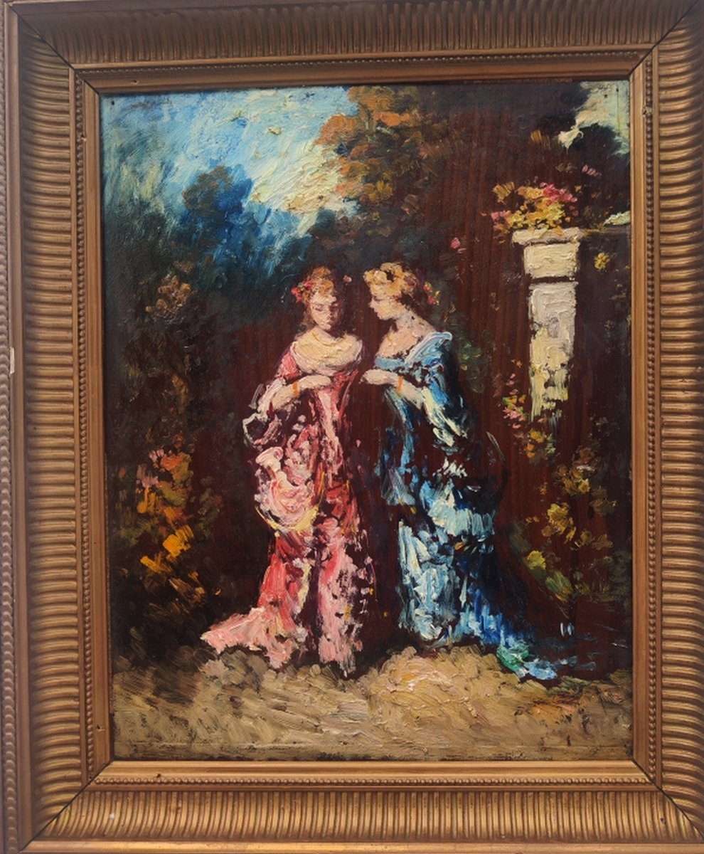 19th-century Impressionist Paintings - Near Monticelli - Scene In A Park With Two Elegant Women
