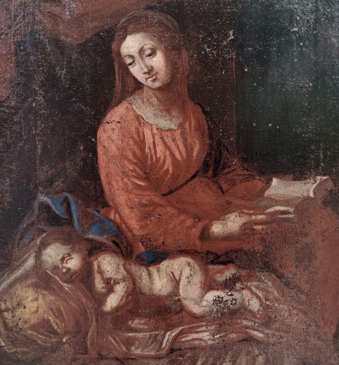 TOILE BIBLIQUE XVIIe - ITALIE & ÉCOLE BOLONAISE - VIERGE A LA BIBLE AVEC L'ENFANT JÉSUS ENDORMI-photo-1